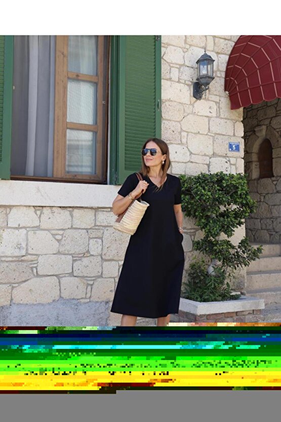 Kadın Kısa Kollu V Yaka Cepli A Kesim Detaylı Viskon Elbise