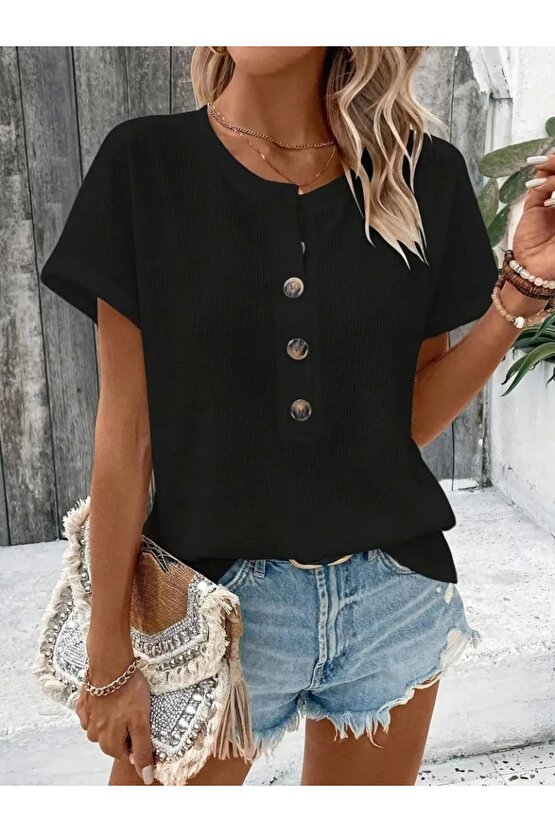 Kadın Kısa Kollu Yakası Açık önden Düğmeli Waffle Bluz