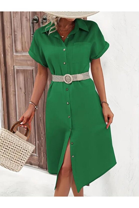 Kadın Kısa Kollu Yakalı Düğme Detay Midi Dokuma Elbise