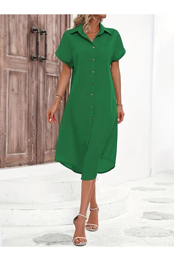 Kadın Kısa Kollu Yakalı Düğme Detay Midi Dokuma Elbise