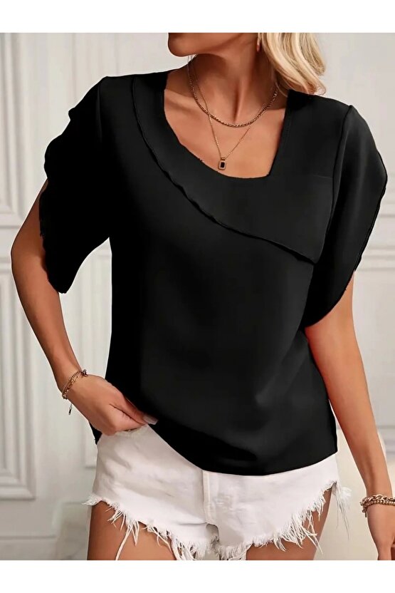 Kadın Kısa Kollu Yaka Ve Kol Detay Jesica Bluz