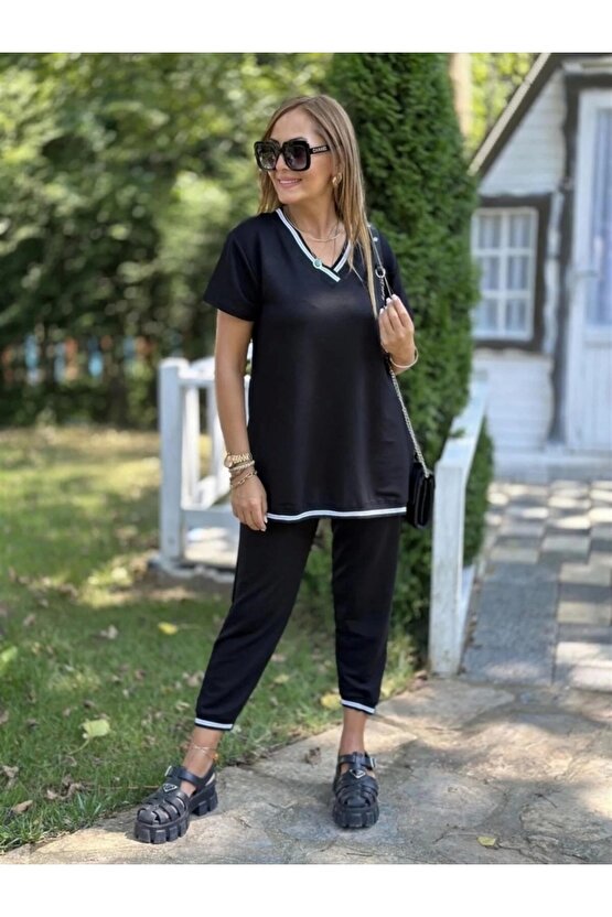 Kadın Kısa Kollu V Yakalı Iki Iplik Bluz Ve Pantolon Ikili Takım