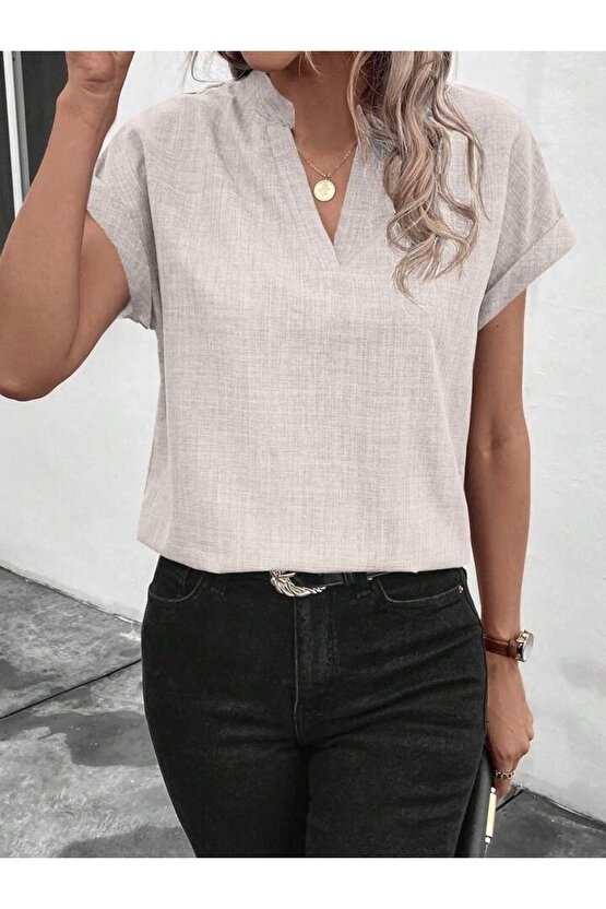 Kadın Kısa Kollu Hakim Yaka Sofya Bluz
