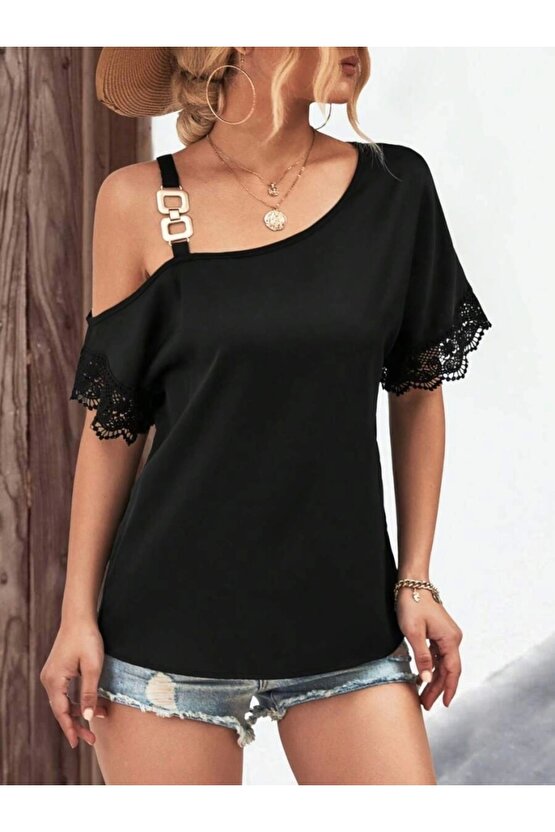 Kadın Tek Omuzu Askılı Kısa Kollu Toka Detaylı Dantelli Viskon Bluz