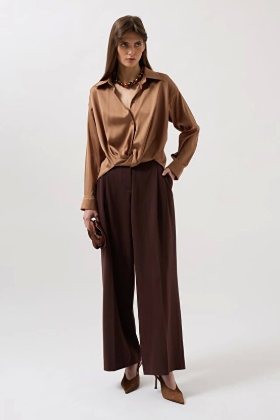 Bel Büzgülü Crop Saten Gömlek