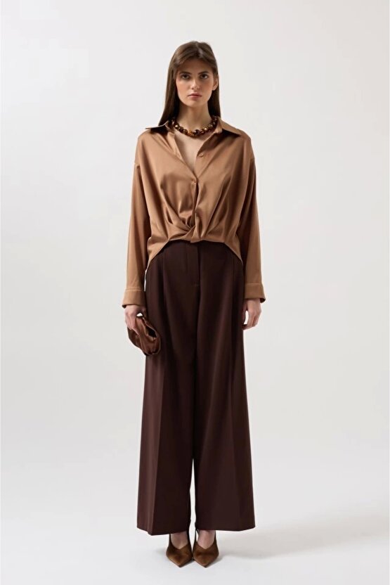 Bel Büzgülü Crop Saten Gömlek