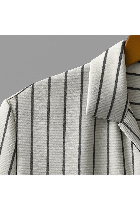 Erkek Kısa Kollu Gri çizgi Desenli örme Kumaş Pamuklu Gömlek