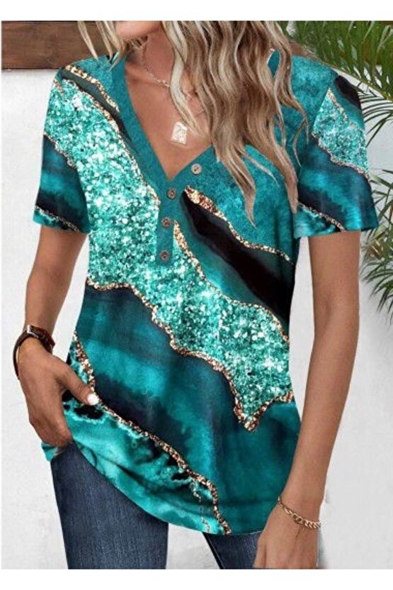 Kadın Kısa Kollu V Yakalı önden Düğmeli Baskılı Süprem Bluz