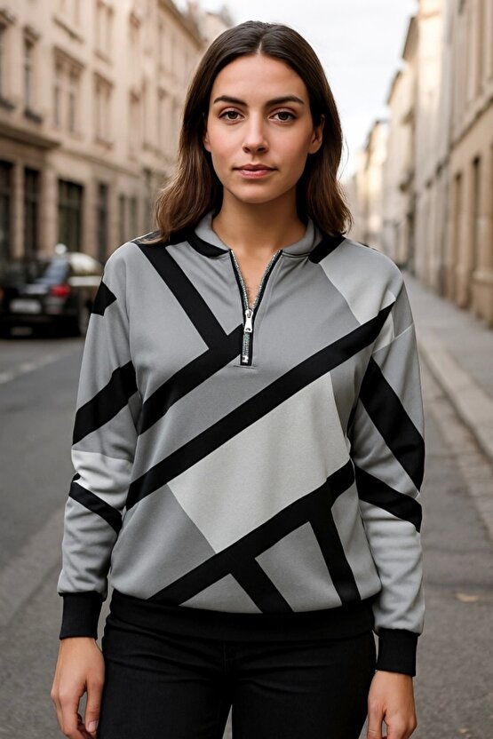 Kadın Uzun Kollu Yuvarlak Yaka Fermuarlı Desenli şardonlu Bluz