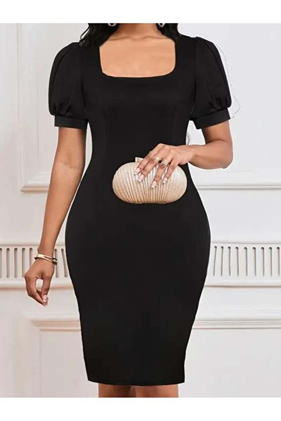 Kadın Kısa Kollu Geometrik Yaka Ithal Krep Elbise