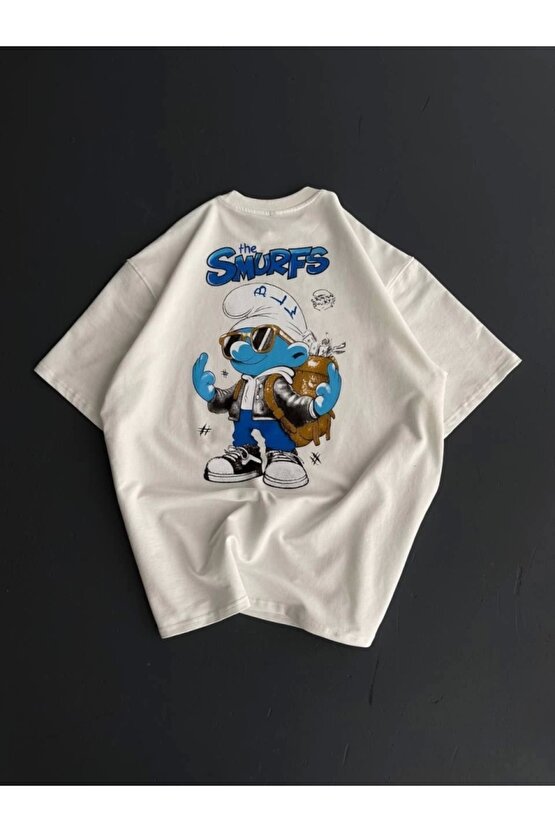 Ön Ve Arka Baskılı Oversize Bisiklet Yaka T-shirt- Beyaz