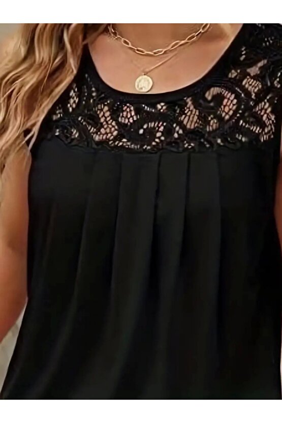 Kadın Askılı Yuvarlak Yaka Dantel Detaylı Viskon Bluz