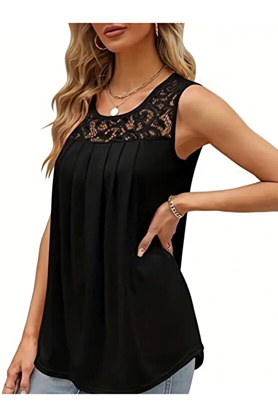 Kadın Askılı Yuvarlak Yaka Dantel Detaylı Viskon Bluz