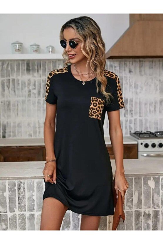 Kadın Kısa Kollu Yuvarlak Yaka Cepli Leopar Desen Detaylı Viskon Elbise