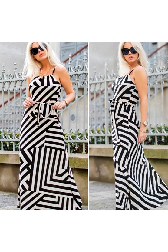 Kadın Ayarlanabilir Askılı Geometrik Desen Kuşaklı Gipeli Süprem Elbise