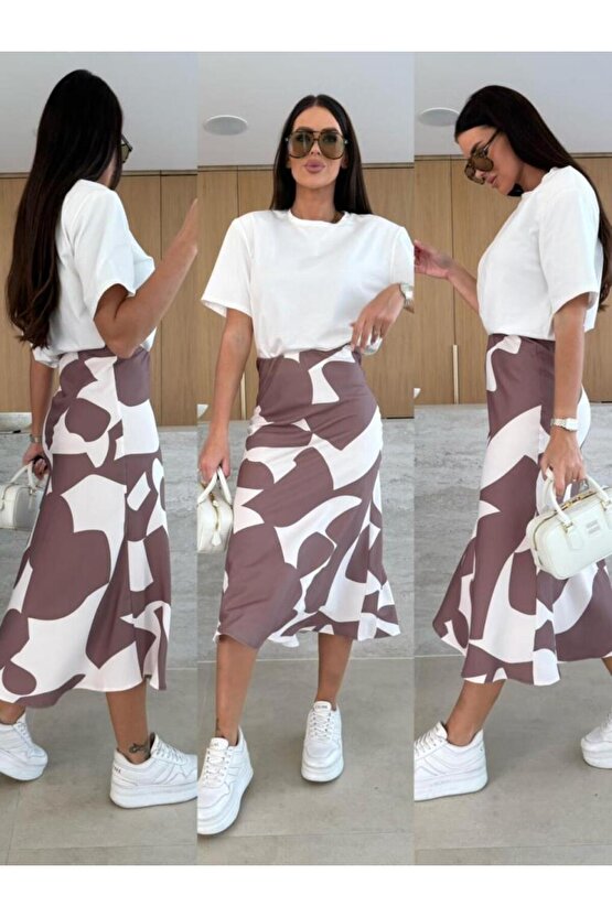 Kadın Kısa Kollu Bisiklet Yaka Viskon Bluz Ve Desenli Süprem Etek Ikili Takım