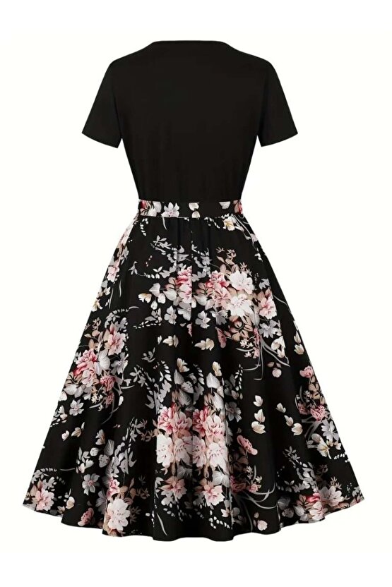 Kadın Kısa Kollu Bisiklet Yaka çiçek Desenli üst Viskon Alt Süprem Kısa Elbise