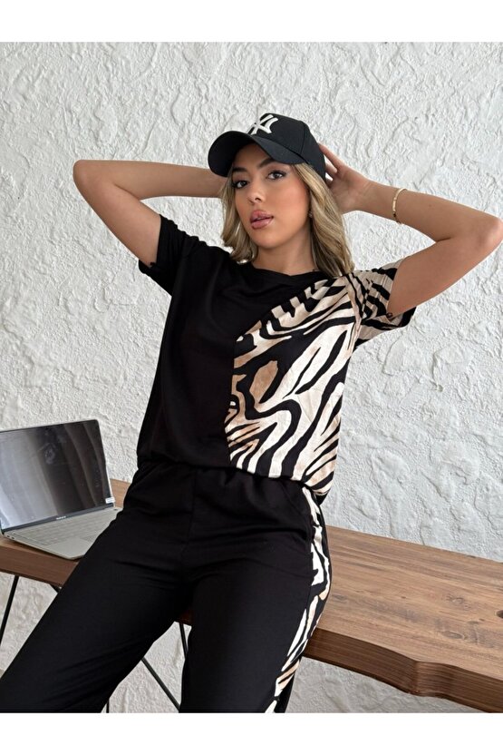 moda wanilia Kadın Bisiklet Yaka Kısa Kol Leopar Desen Bluz Ve Pantolon Ikili Takım