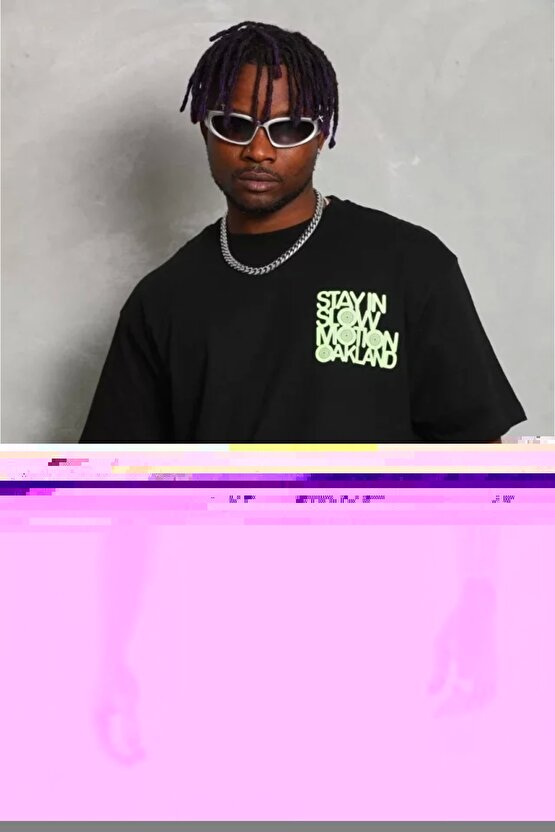 Unisex Oversize Baskılı Bisiklet Yaka T-Shirt - Siyah