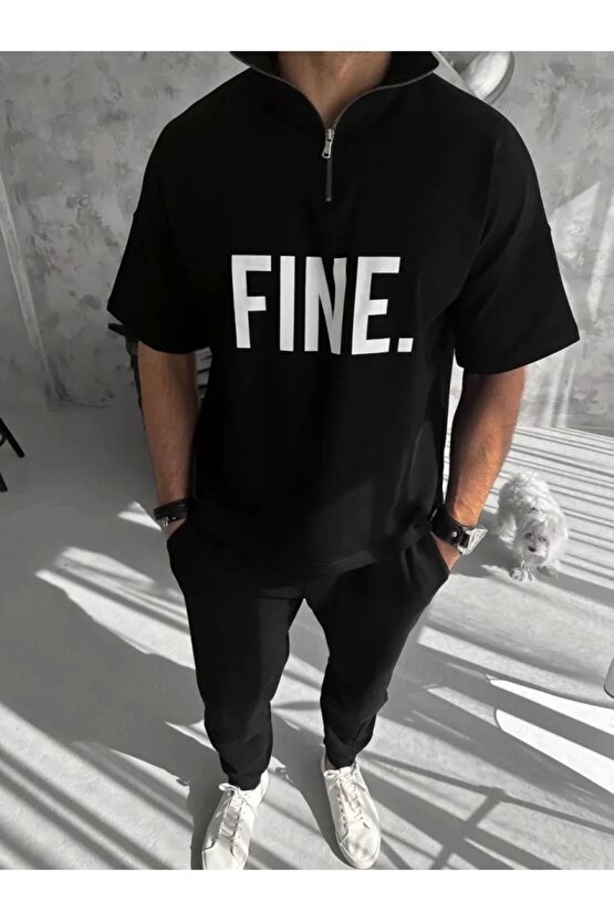 Unisex Baskılı Yarım Fermuarlı T-Shirt - Siyah