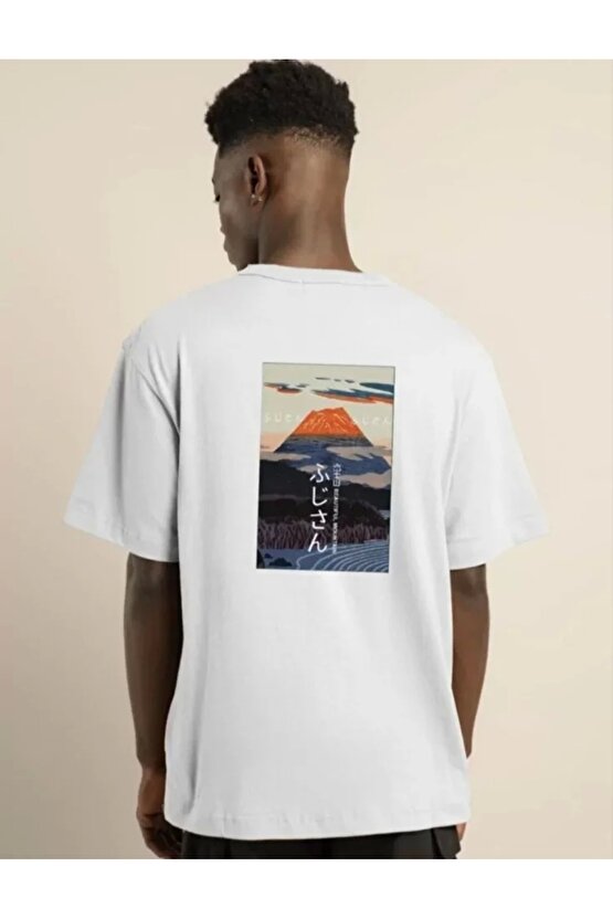 Unisex Bisiklet Yaka Baskılı Oversize T-Shirt - Beyaz