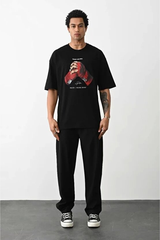 Unisex Baskılı Oversize T-Shirt - Siyah