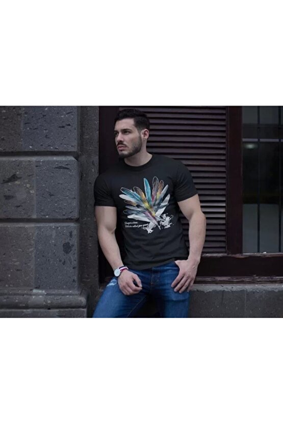 Unisex Bisiklet Yaka Baskılı Oversize T-Shirt - Siyah