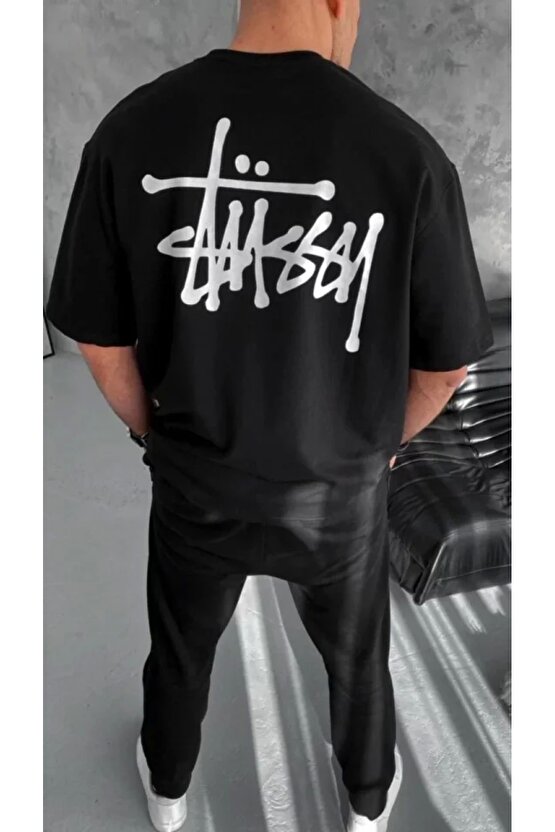 Unisex Bisiklet Yaka Baskılı Oversize T-Shirt - Siyah