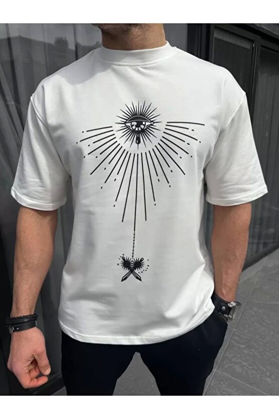 Unisex Bisiklet Yaka Baskılı Oversize T-Shirt - Beyaz