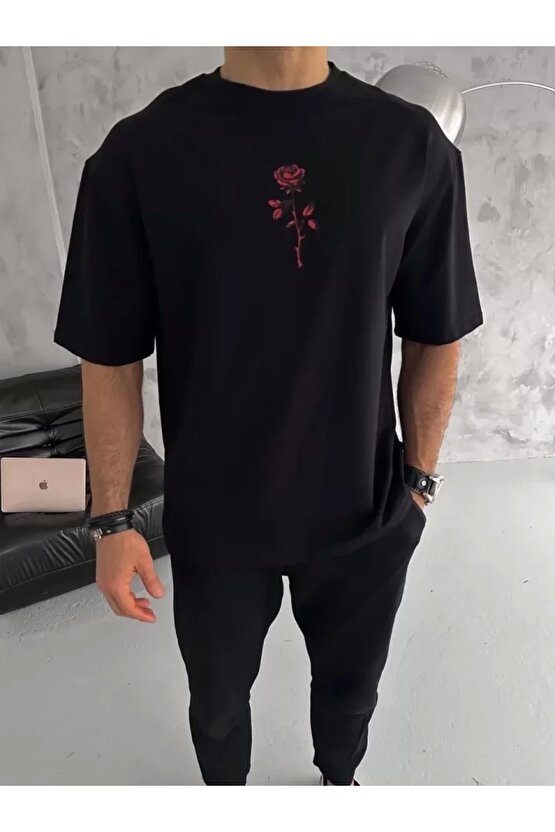 Unisex Bisiklet Yaka Baskılı Oversize T-Shirt - Siyah