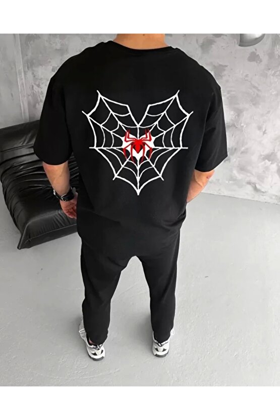 Unisex Bisiklet Yaka Baskılı Oversize T-Shirt - Siyah