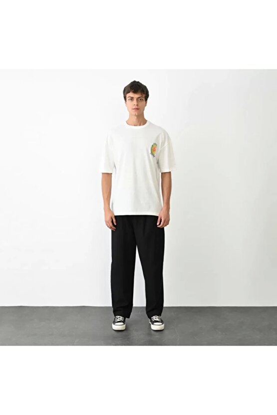 Unisex Bisiklet Yaka Baskılı Oversize T-Shirt - Beyaz