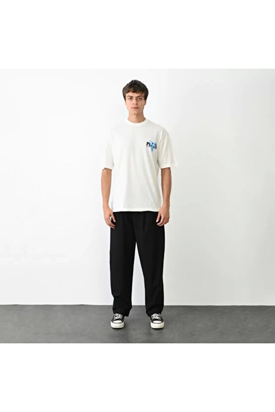 Unisex Bisiklet Yaka Baskılı Oversize T-Shirt - Beyaz