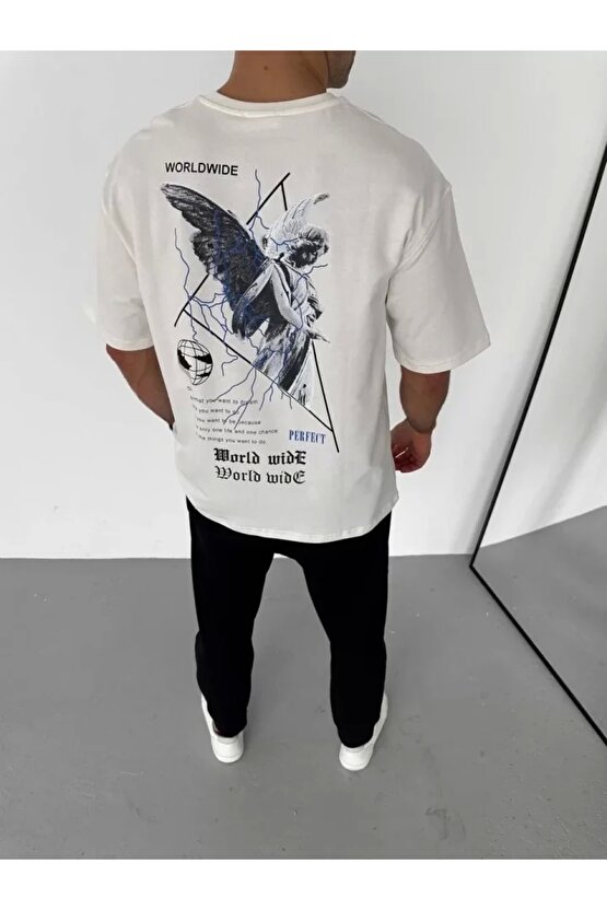 Unisex Bisiklet Yaka Baskılı Oversize T-Shirt - Beyaz