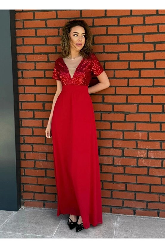 Kadın Kısa Kollu Derin V Yakalı A Kesim Pulpayet Detaylı şifon Nedime Elbisesi