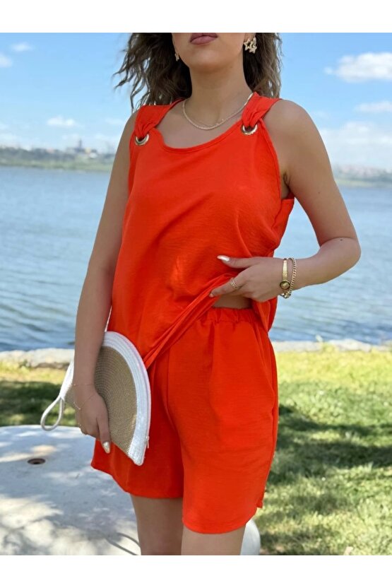 Kadın Kolsuz V Yaka Kuş Gözü Detay Bluz Short Aerobin Ikili Takım