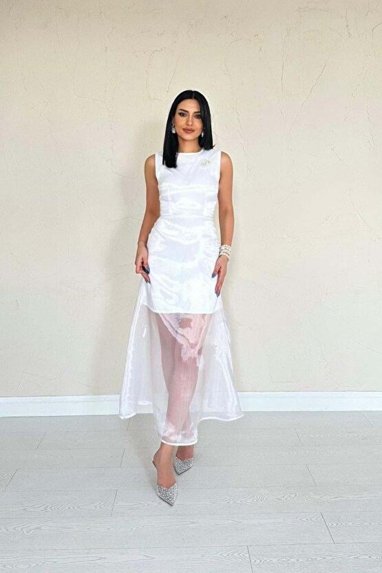 Beyaz Organze Detaylı Atlas Elbise