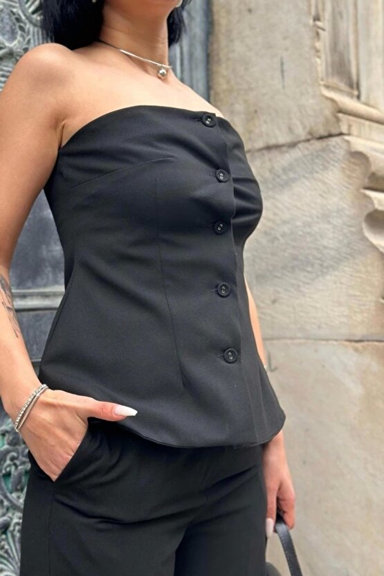 Siyah Straplez Düğmeli Crop Ve Pantolon Takım