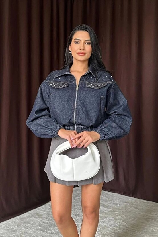 Mavi Taşlı Kısa Kot Ceket