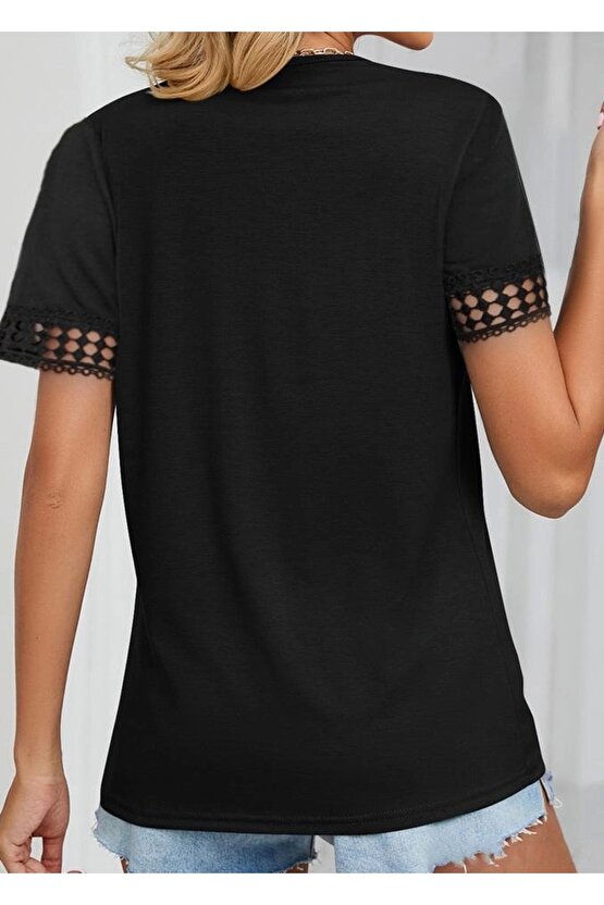 Kadın Kısa Kollu V Yaka Dantel Yakalı Viskon Bluz
