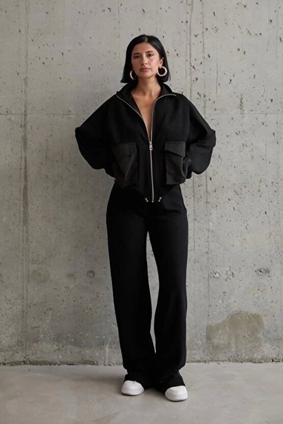 Siyah Cepli Triko Ceket Ve Pantolon Takım