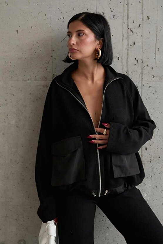 Siyah Cepli Triko Ceket Ve Pantolon Takım