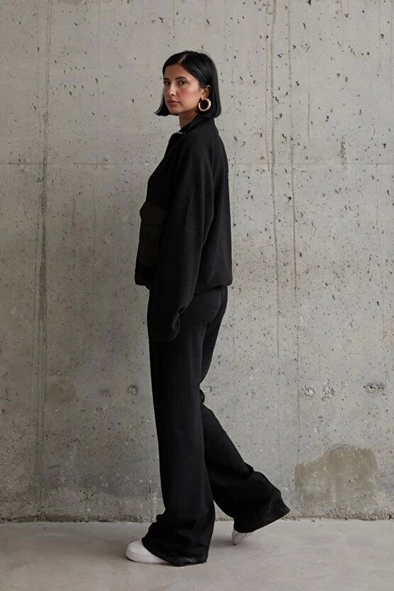 Siyah Cepli Triko Ceket Ve Pantolon Takım