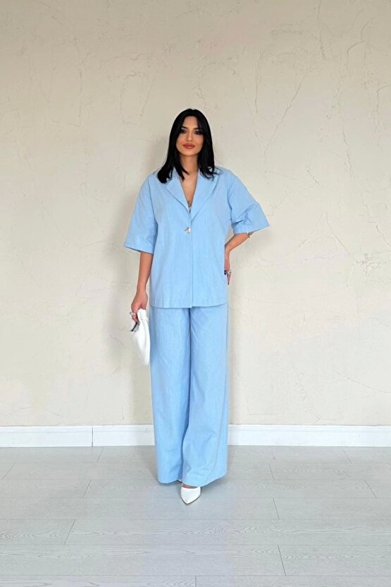 Mavi Önü Tek Düğmeli Ceket Pantolon Takım