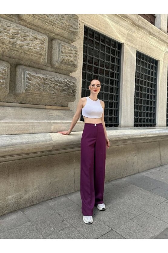 Yüksek Bel Palazzo Metal Düğme  Pantolon