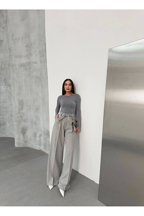 Sante Çizgili Bel Kuşakli Palazzo Pantolon