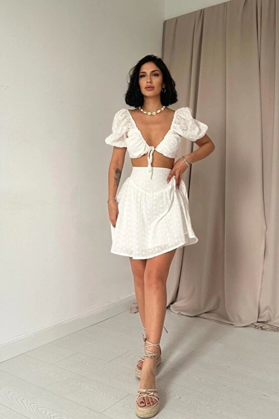 Ekru Brode Crop Ve ini Etek Takım