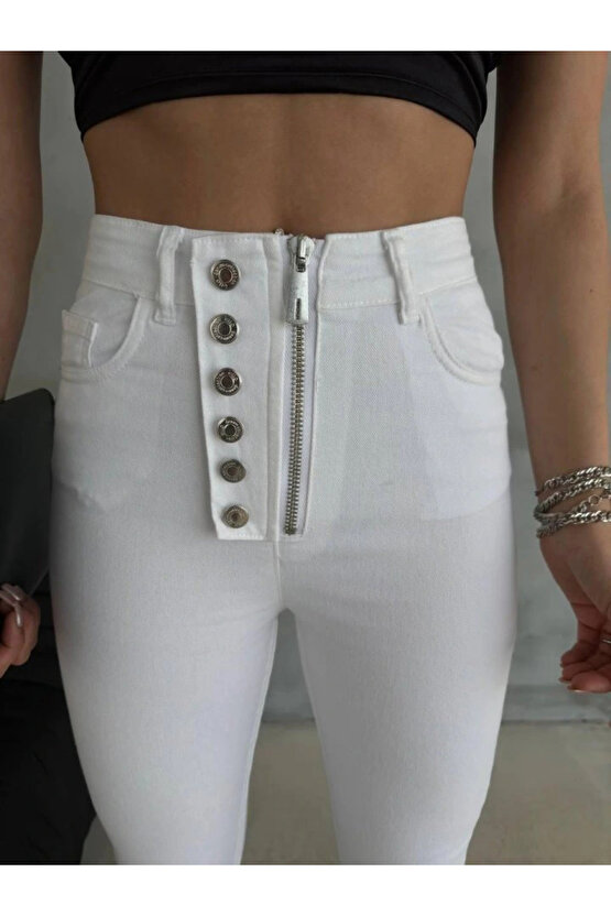 DÜĞME VE FERMUARLI KOT PANTOLON Beyaz