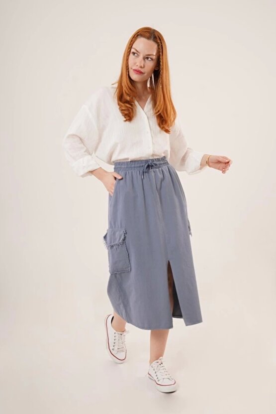 Ön Yırtmaçlı Cep Detaylı İndigo Etek