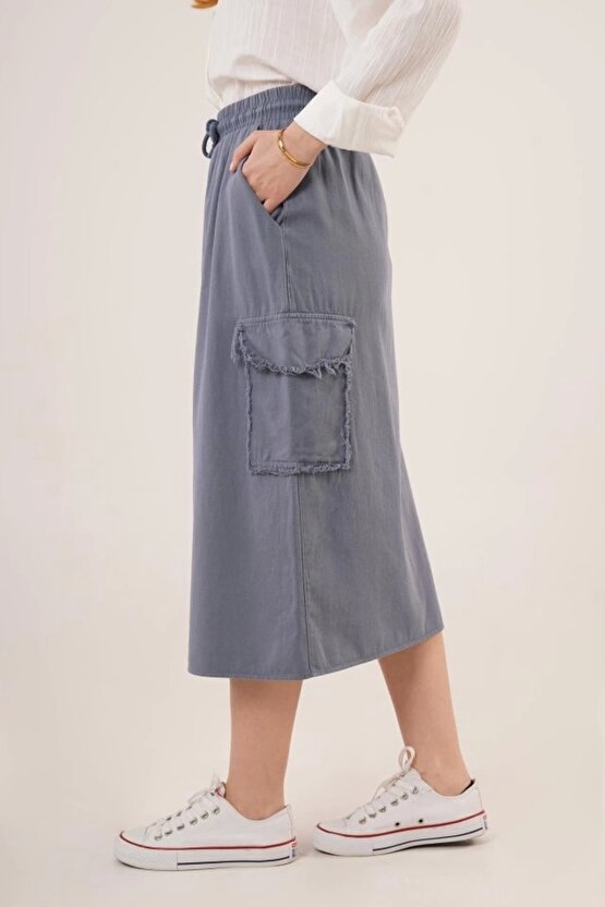 Ön Yırtmaçlı Cep Detaylı İndigo Etek